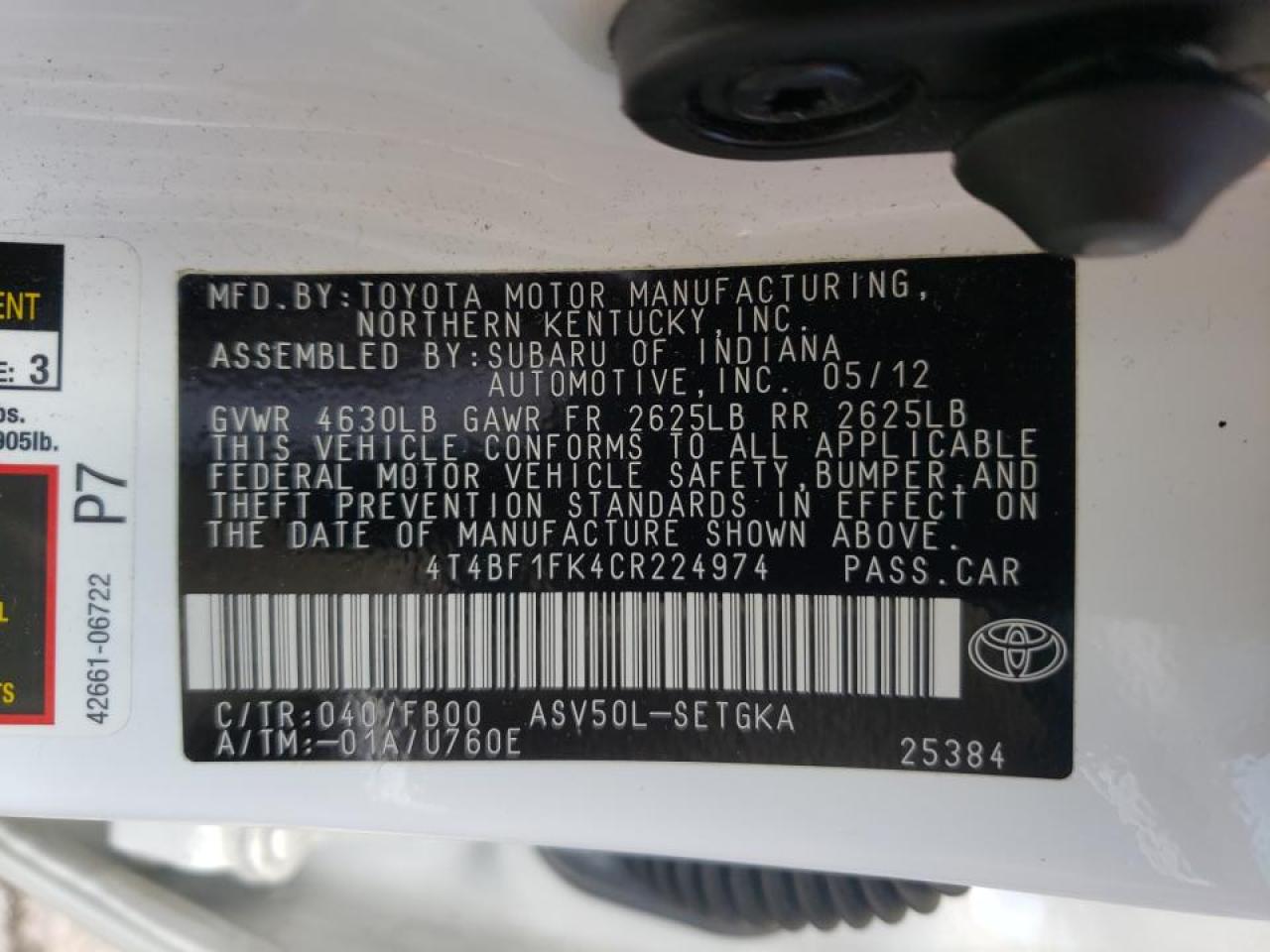 Photo 10 from auction – 2012 TOYOTA CAMRY BASE with VIN 4T4BF1FK4CR224974