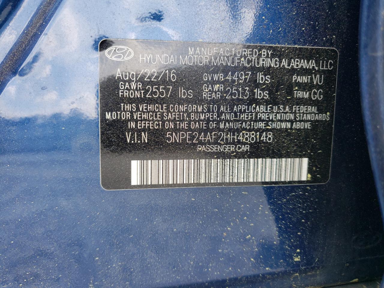 Photo 10 from auction – 2017 HYUNDAI SONATA SE with VIN 5NPE24AF2HH488148
