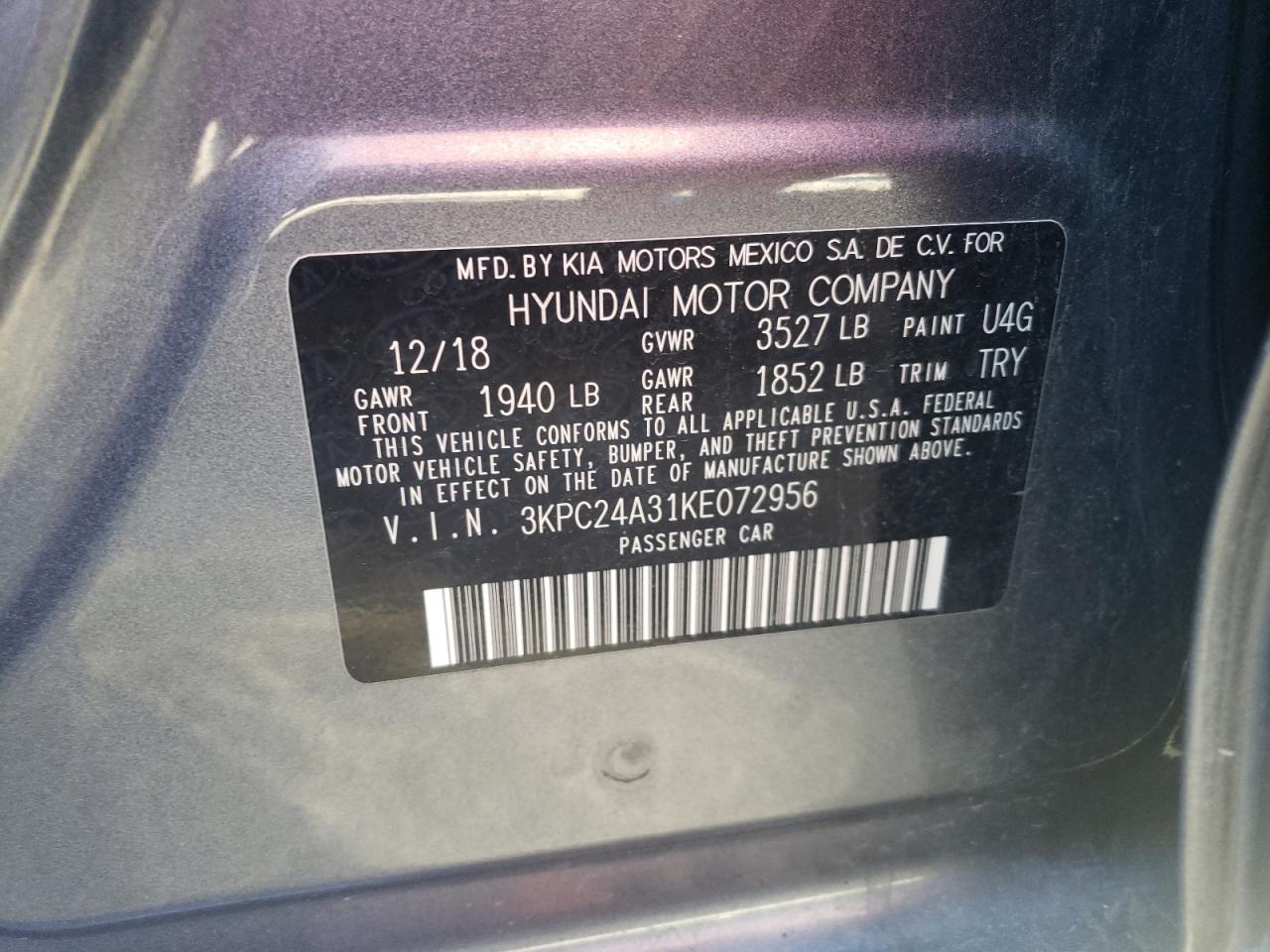 Photo 10 from auction – 2019 HYUNDAI ACCENT SE with VIN 3KPC24A31KE072956
