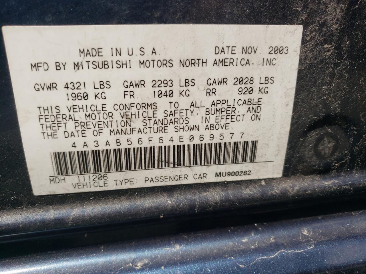 Photo 10 from auction – 2004 MITSUBISHI GALANT ES with VIN 4A3AB56F64E069577