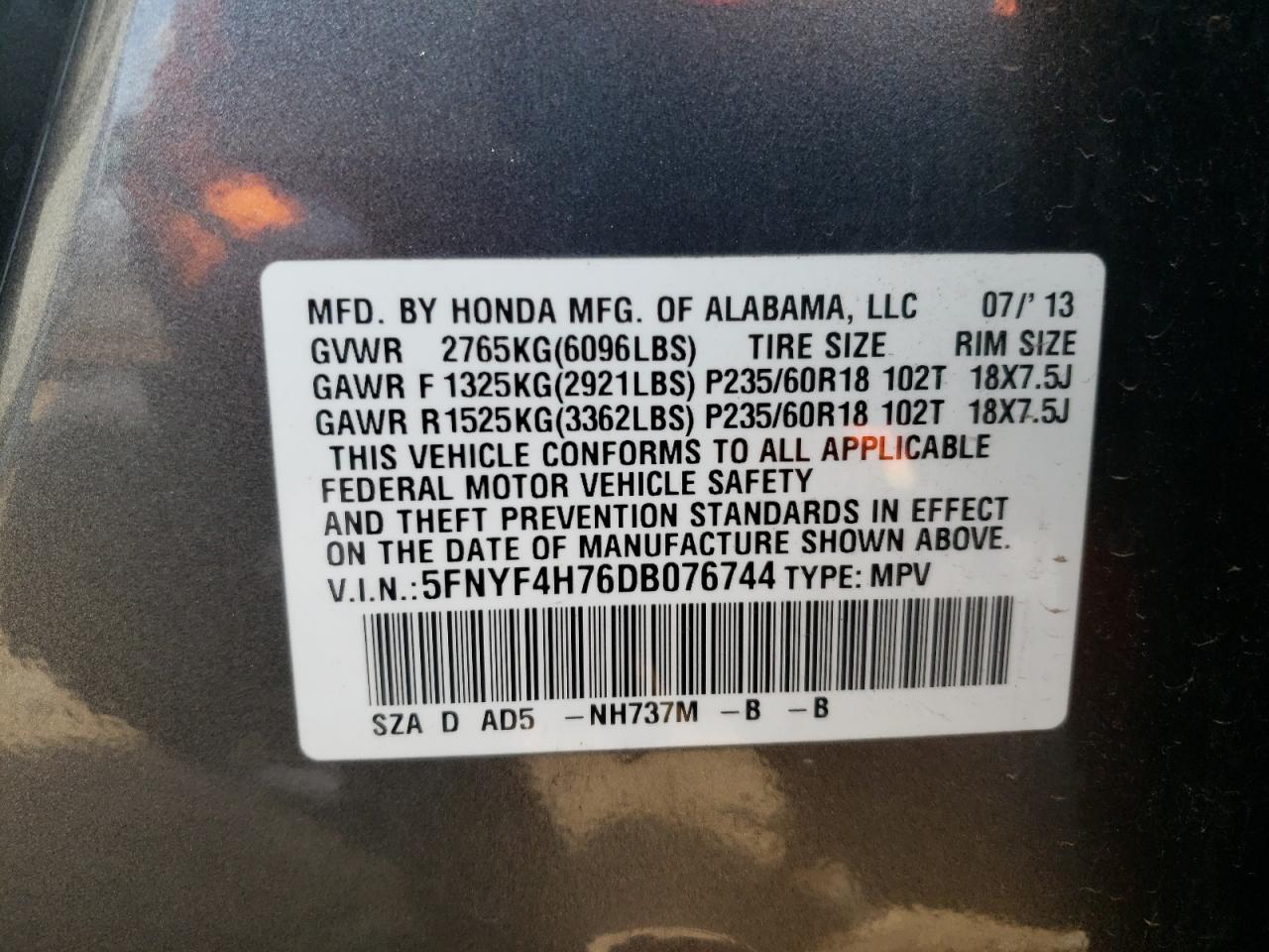 Photo 10 from auction – 2013 HONDA PILOT EXLN with VIN 5FNYF4H76DB076744