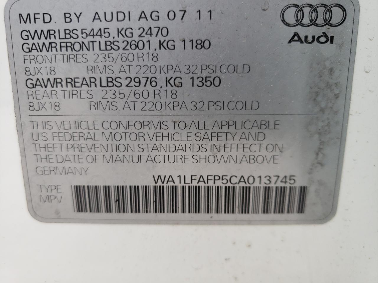 Photo 10 from auction – 2012 AUDI Q5 with VIN WA1LFAFP5CA013745