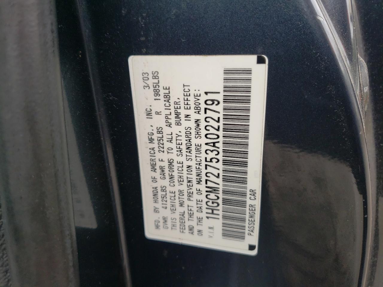 Photo 10 from auction – 2003 HONDA ACCORD EX with VIN 1HGCM72753A022791