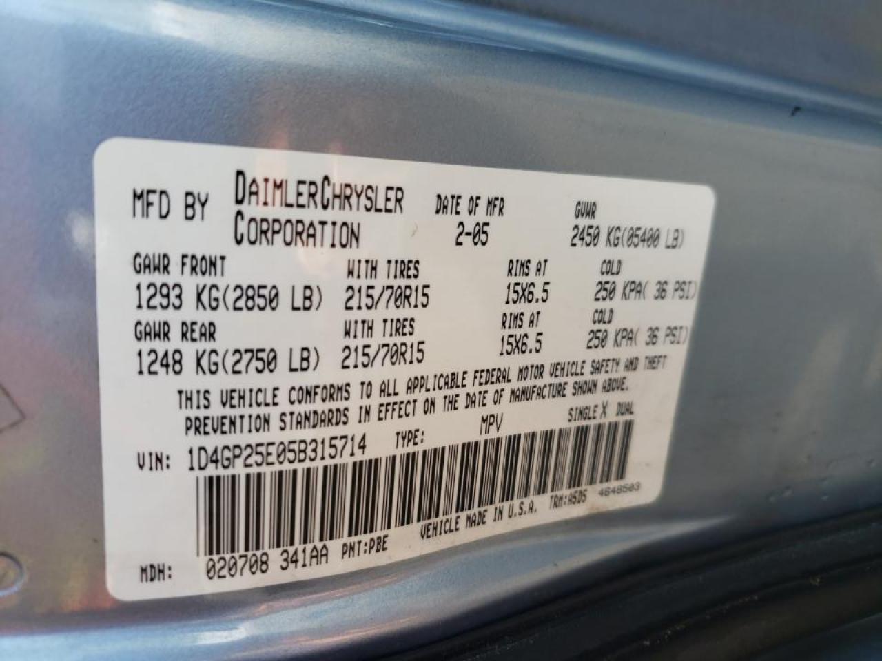 Photo 10 from auction – 2005 DODGE CARAVAN SE with VIN 1D4GP25E05B315714