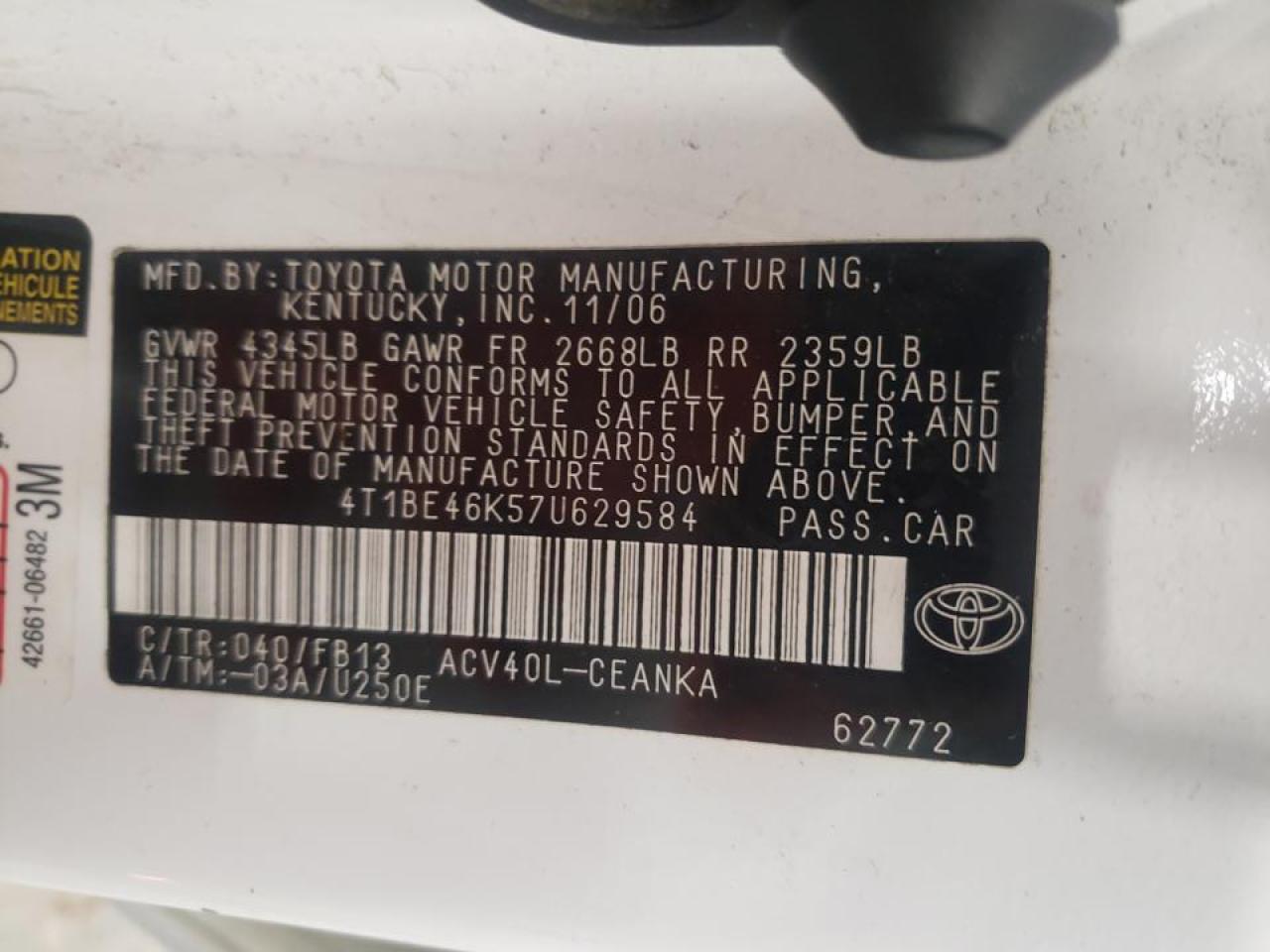 Photo 10 from auction – 2007 TOYOTA CAMRY CE with VIN 4T1BE46K57U629584