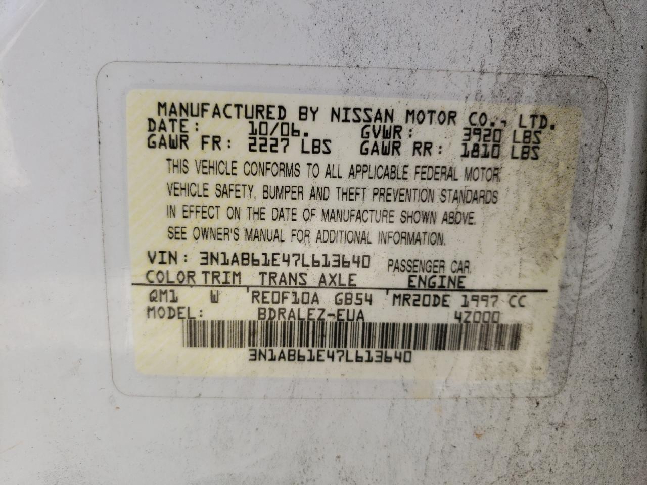 Photo 10 from auction – 2007 NISSAN SENTRA 2.0 with VIN 3N1AB61E47L613640