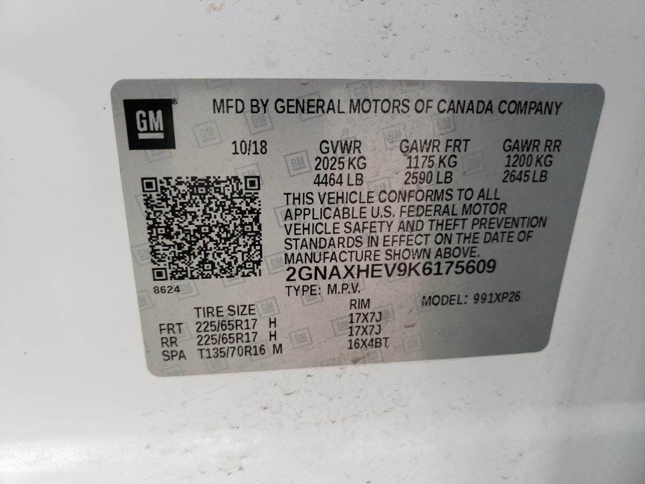 Photo 10 from auction – 2019 CHEVROLET EQUINOX LS with VIN 2GNAXHEV9K6175609
