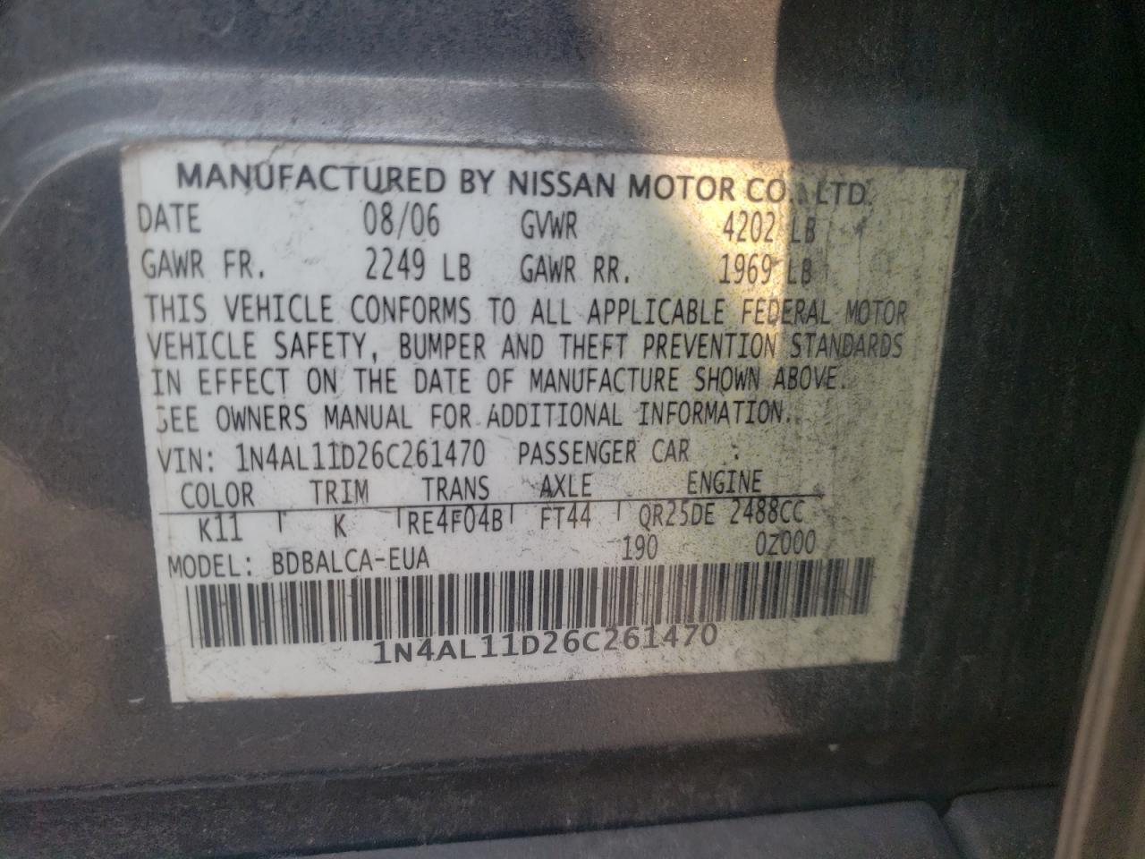 Photo 10 from auction – 2006 NISSAN ALTIMA S with VIN 1N4AL11D26C261470
