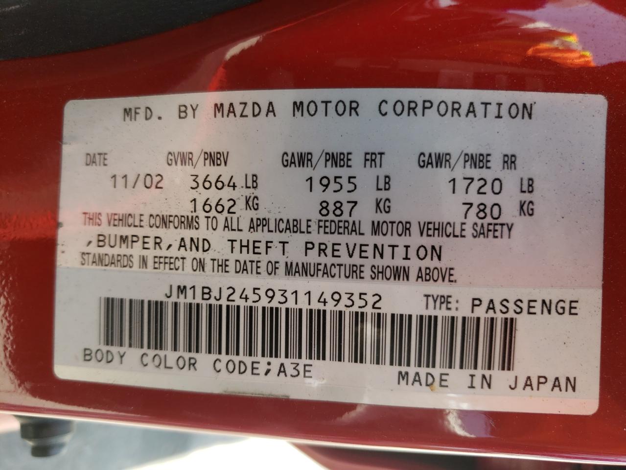 Photo 10 from auction – 2003 MAZDA PROTEGE PR with VIN JM1BJ245931149352