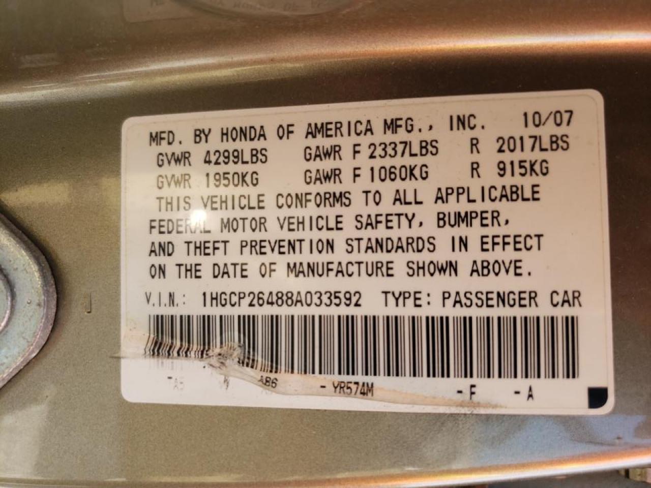 Photo 10 from auction – 2008 HONDA ACCORD with VIN 1HGCP26488A033592