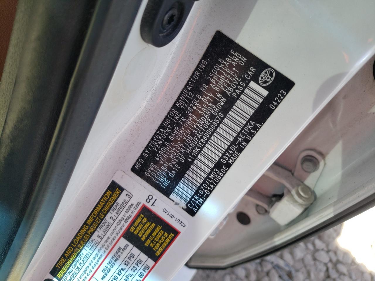 Photo 10 from auction – 2013 TOYOTA AVALON BAS with VIN 4T1BK1EB6DU008570