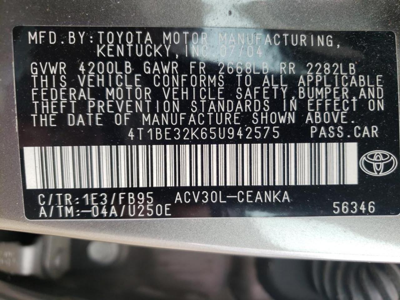 Photo 16 from auction – 2005 TOYOTA CAMRY LE with VIN 4T1BE32K65U942575