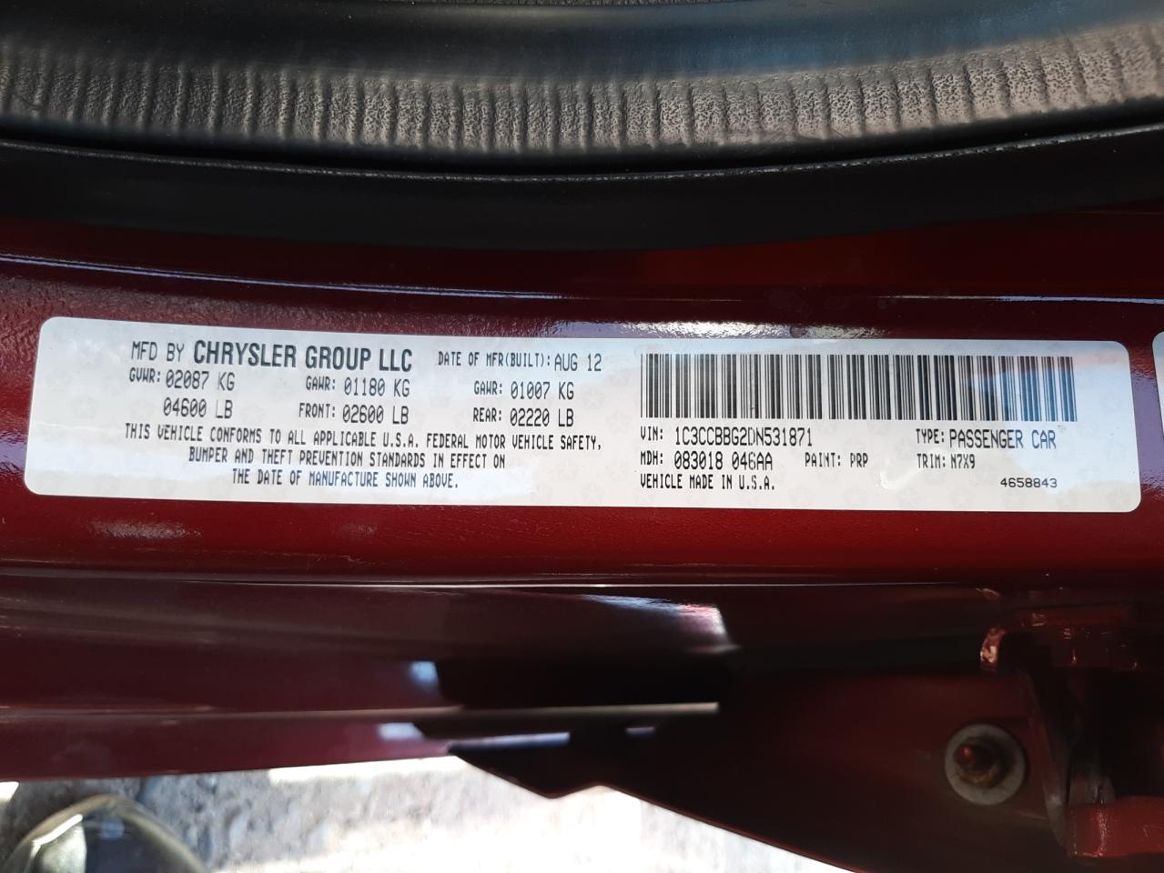 Photo 10 from auction – 2013 CHRYSLER 200 TOURIN with VIN 1C3CCBBG2DN531871
