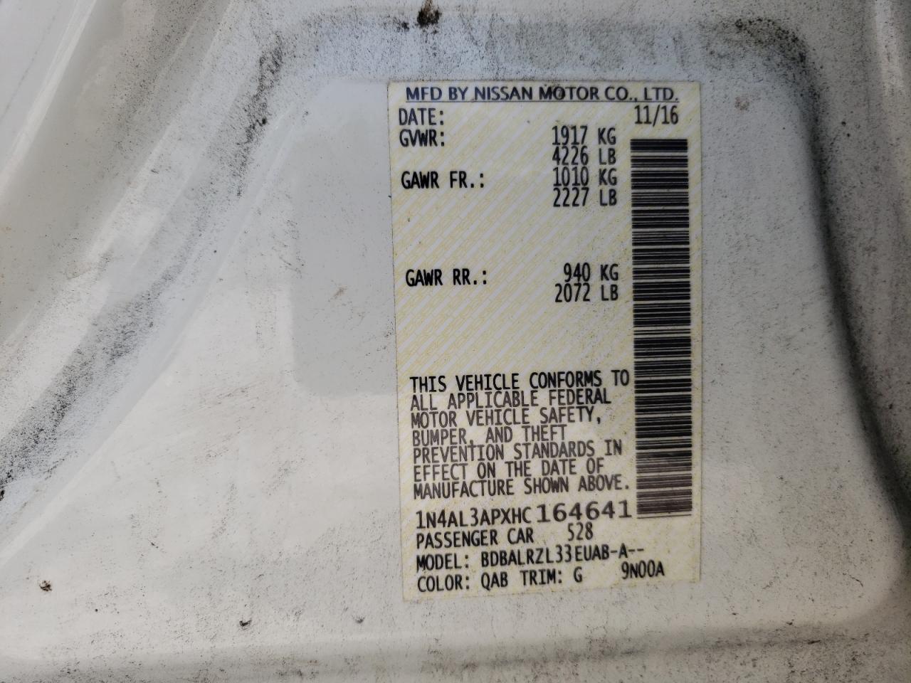 Photo 10 from auction – 2017 NISSAN ALTIMA 2.5 with VIN 1N4AL3APXHC164641