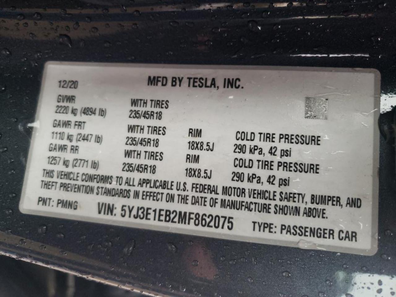 Photo 10 from auction – 2021 TESLA MODEL 3 with VIN 5YJ3E1EB2MF862075