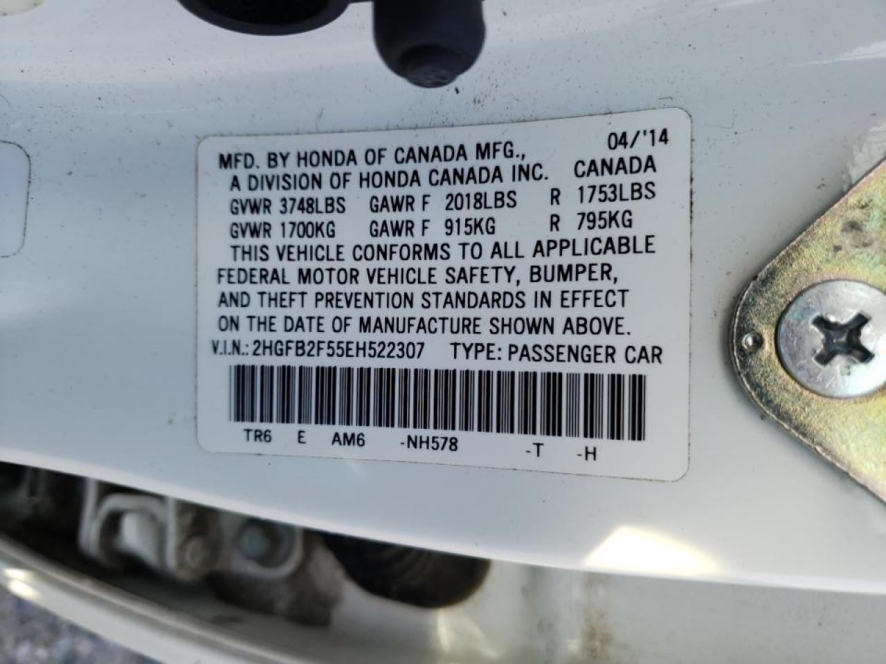 Photo 10 from auction – 2014 HONDA CIVIC LX with VIN 2HGFB2F55EH522307