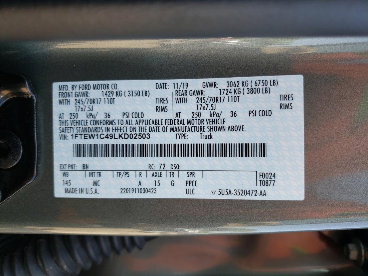 Photo 10 from auction – 2020 FORD F150 SUPER with VIN 1FTEW1C49LKD02503