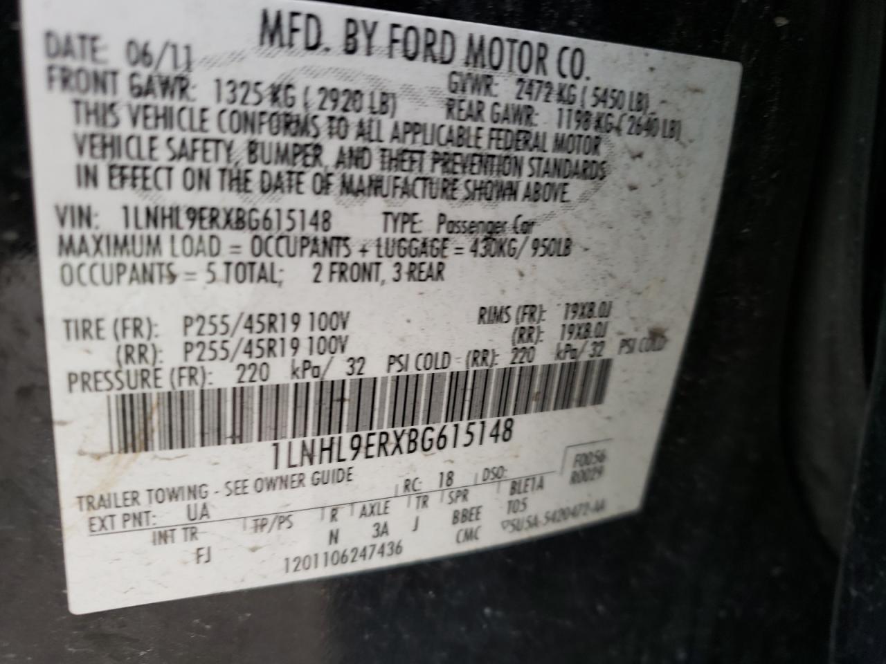 Photo 10 from auction – 2011 LINCOLN MKS with VIN 1LNHL9ERXBG615148