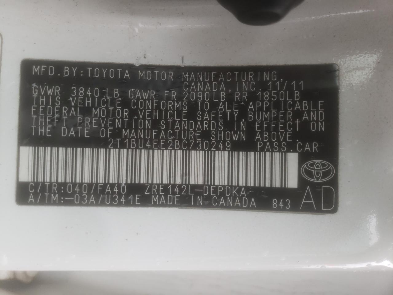 Photo 10 from auction – 2011 TOYOTA COROLLA BA with VIN 2T1BU4EE2BC730249