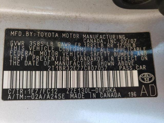 Photo 10 from auction – 2007 TOYOTA COROLLA CE with VIN 2T1BR32E77C807057