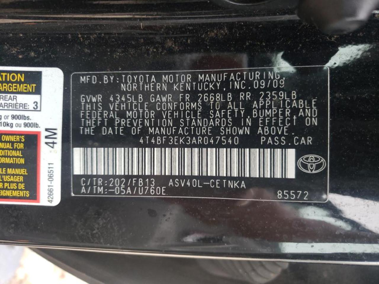 Photo 10 from auction – 2010 TOYOTA CAMRY BASE with VIN 4T4BF3EK3AR047540