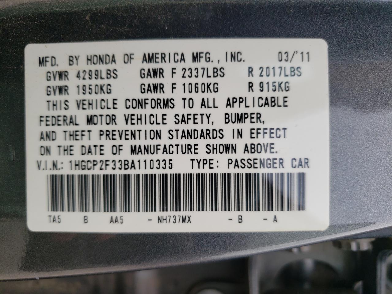 Photo 10 from auction – 2011 HONDA ACCORD LX with VIN 1HGCP2F33BA110335