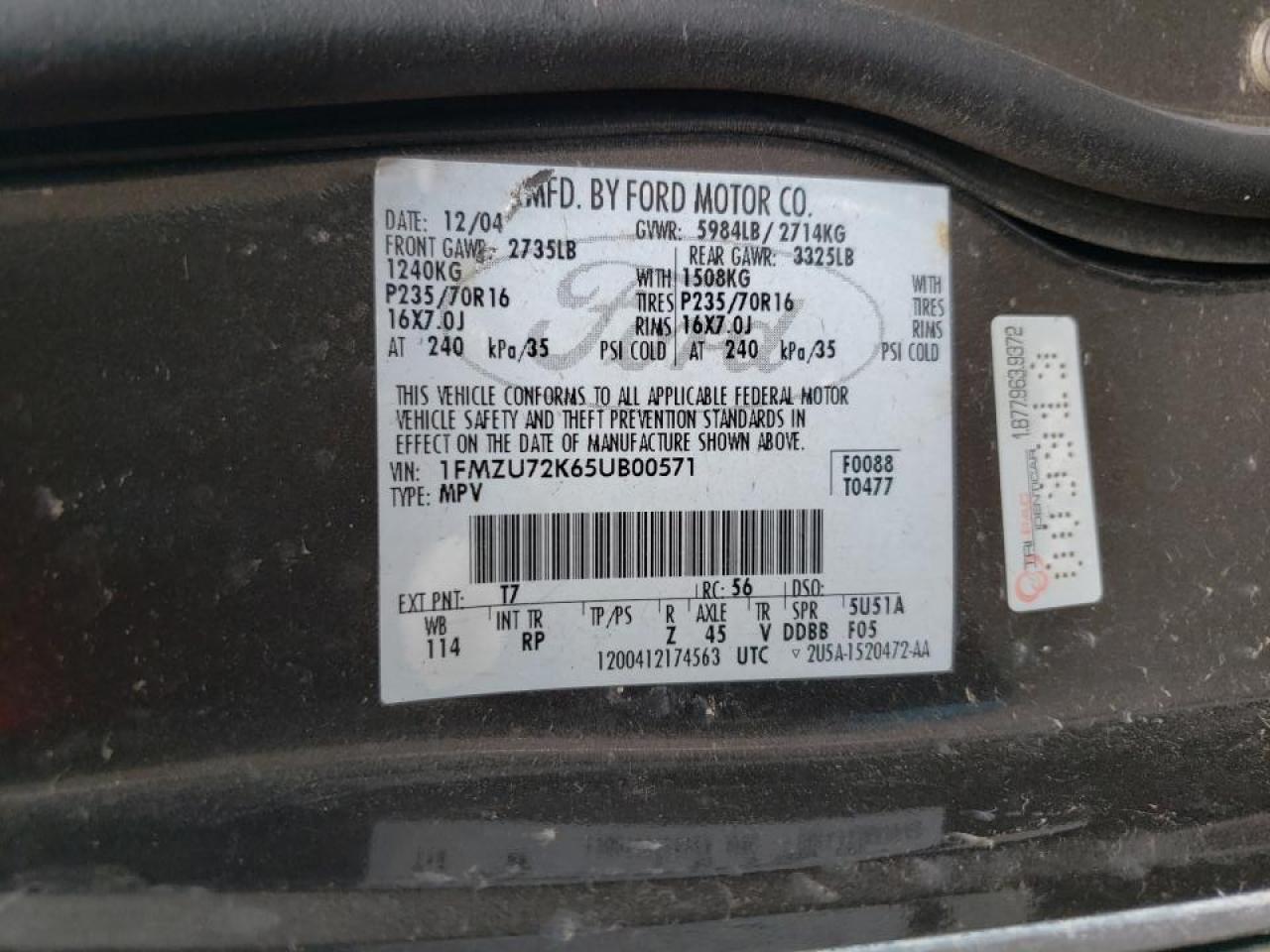 Photo 10 from auction – 2005 FORD EXPLORER X with VIN 1FMZU72K65UB00571
