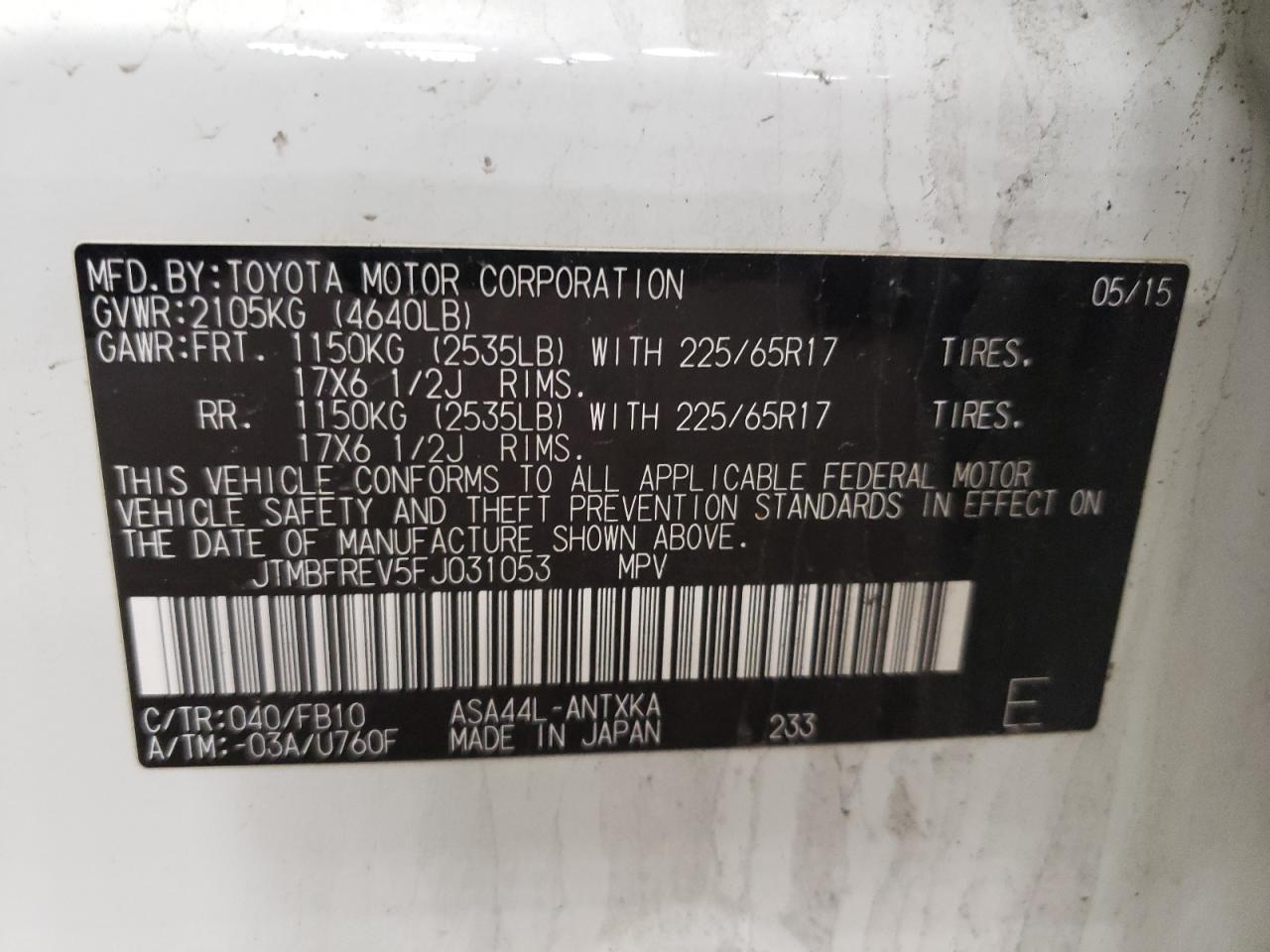 Photo 10 from auction – 2015 TOYOTA RAV4 LE with VIN JTMBFREV5FJ031053