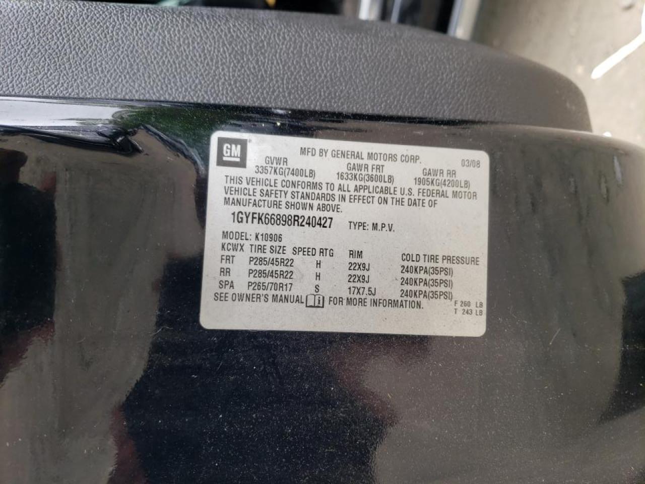 Photo 10 from auction – 2008 CADILLAC ESCALADE E with VIN 1GYFK66898R240427