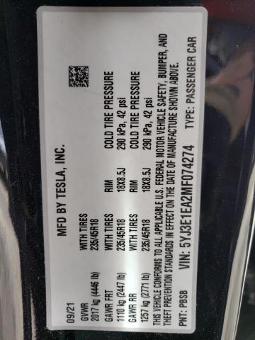 Photo 10 from auction – 2021 TESLA MODEL 3 with VIN 5YJ3E1EA2MF074274
