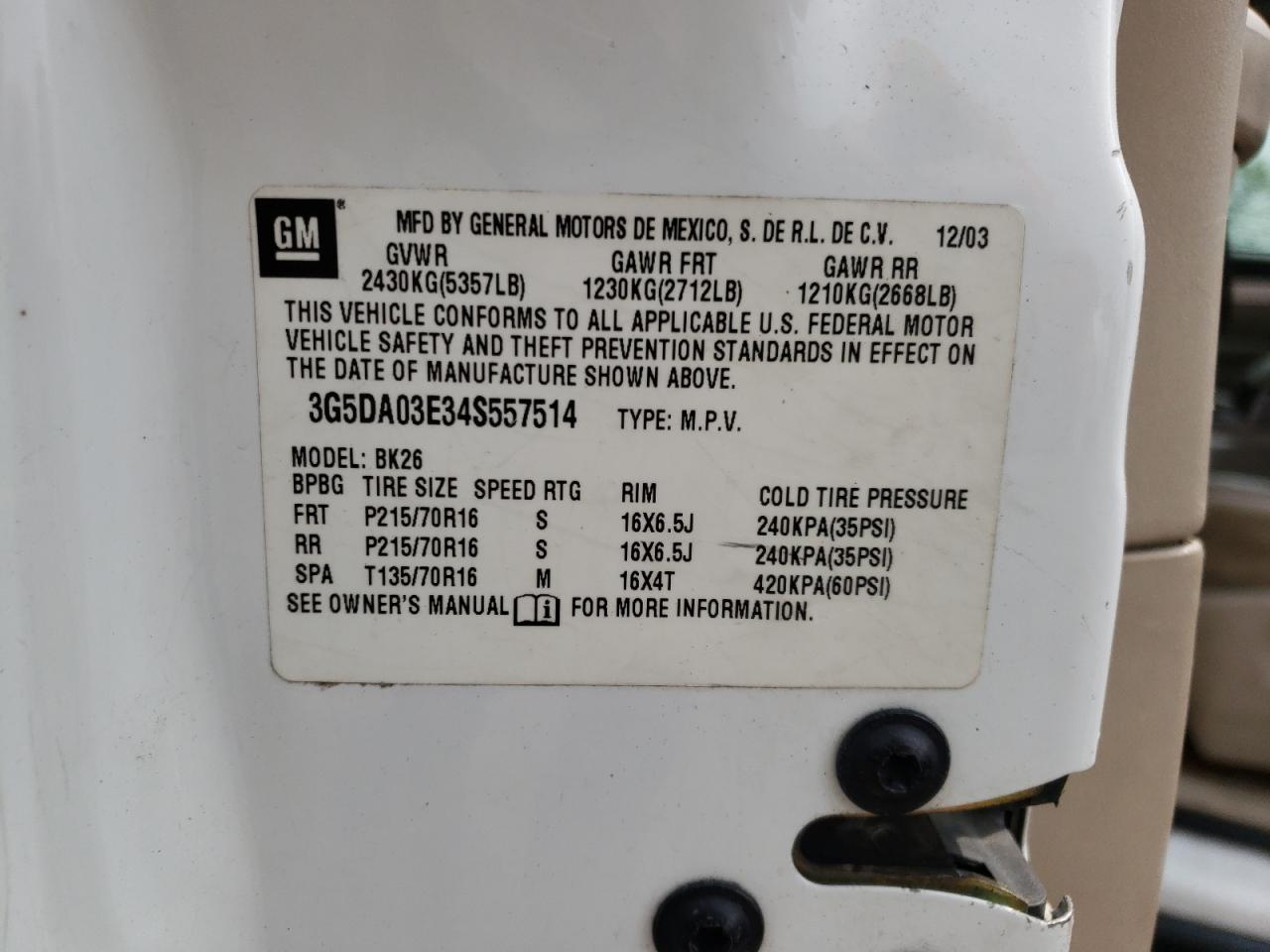 Photo 10 from auction – 2004 BUICK RENDEZVOUS with VIN 3G5DA03E34S557514
