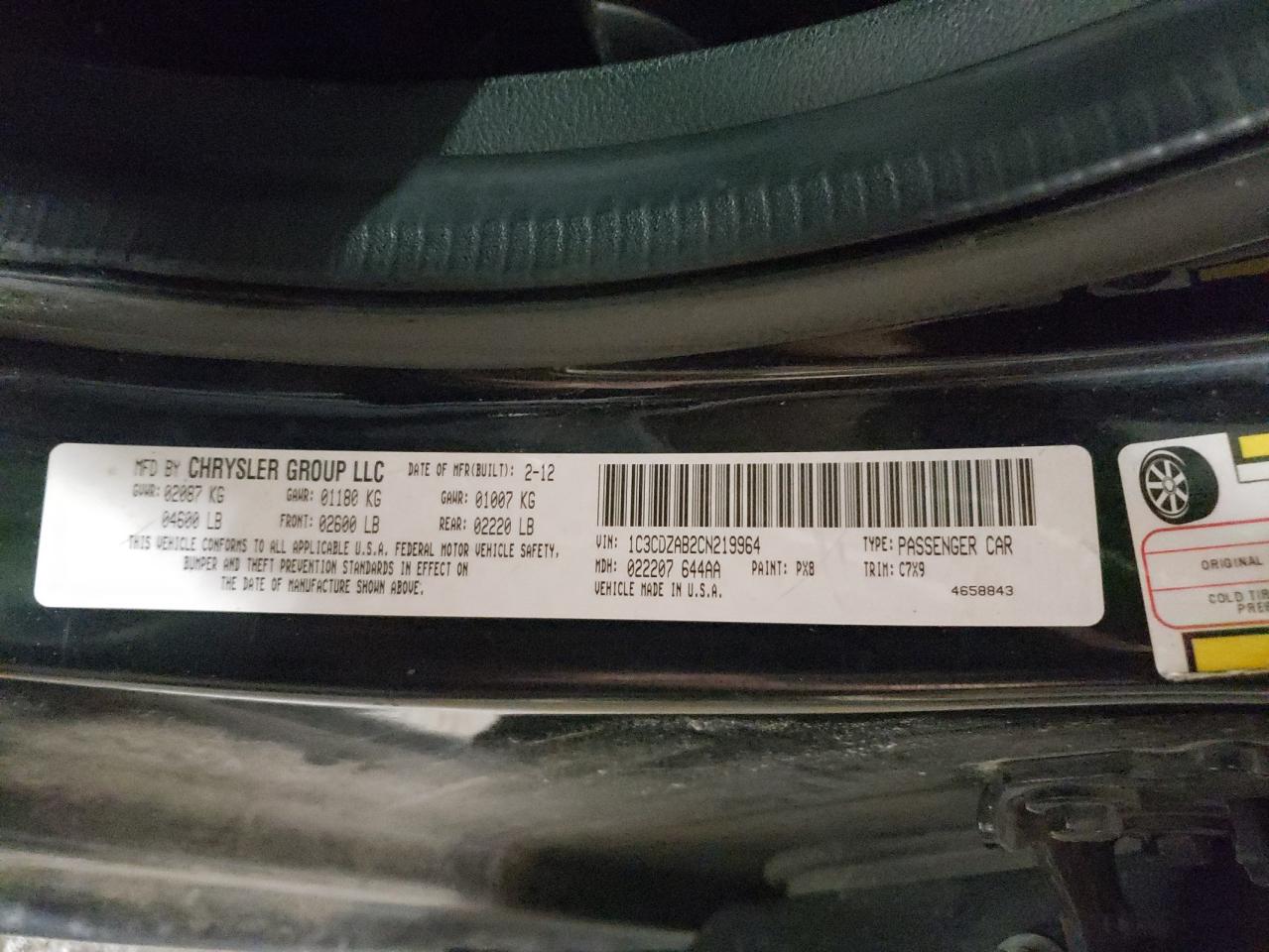 Photo 10 from auction – 2012 DODGE AVENGER SE with VIN 1C3CDZAB2CN219964
