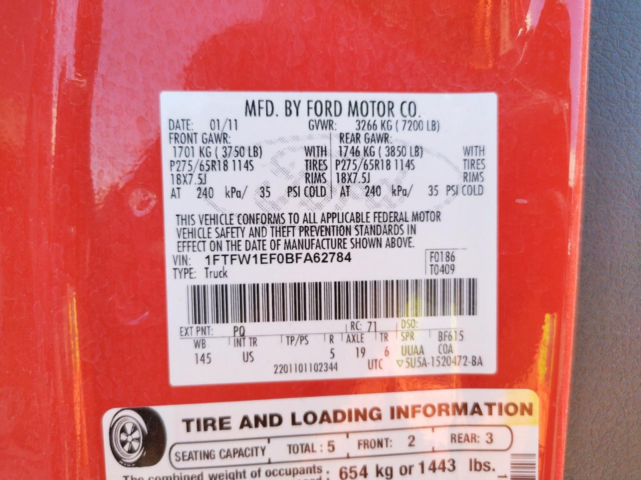 Photo 10 from auction – 2011 FORD F150 SUPER with VIN 1FTFW1EF0BFA62784