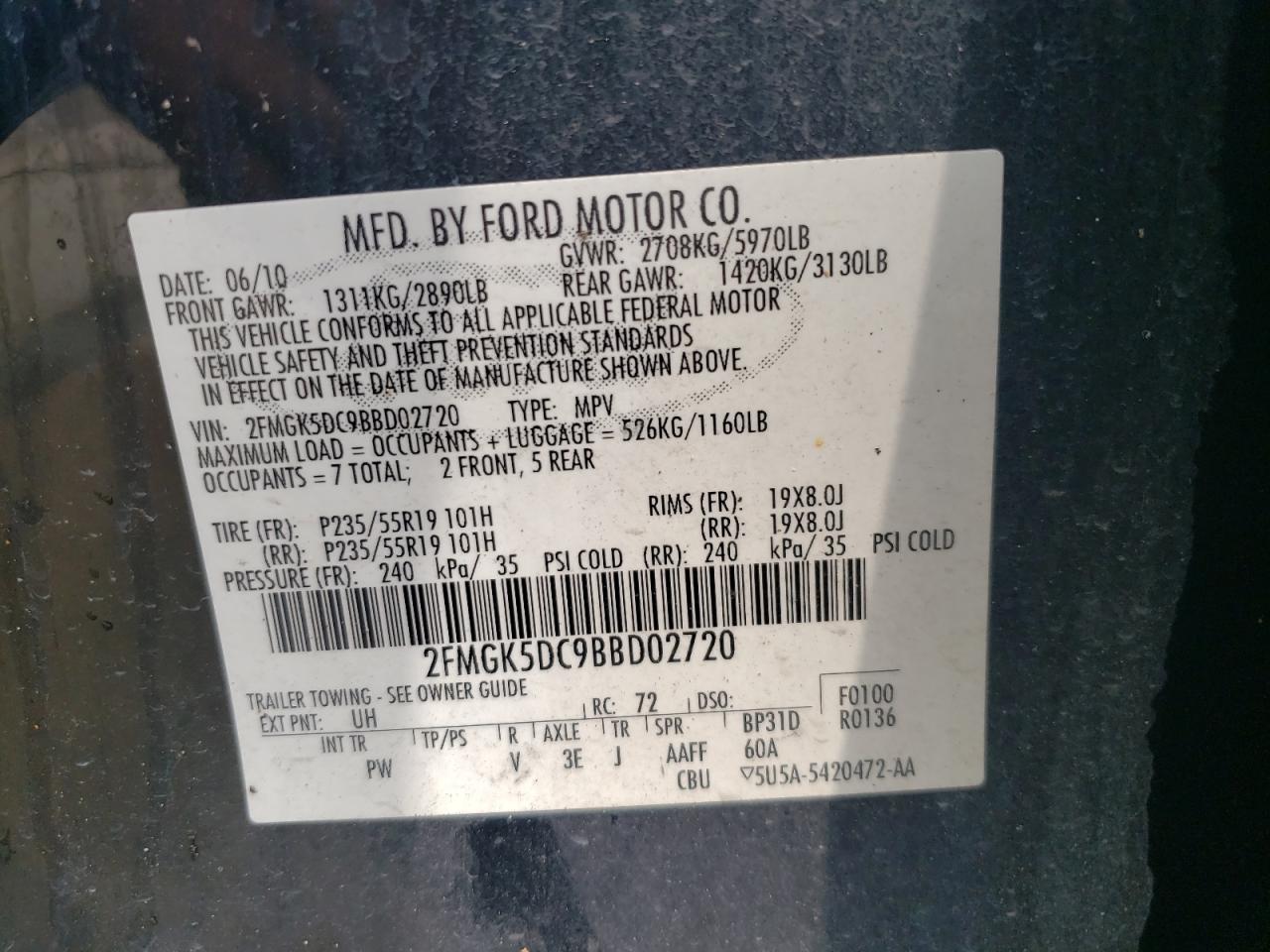 Photo 10 from auction – 2011 FORD FLEX LIMIT with VIN 2FMGK5DC9BBD02720