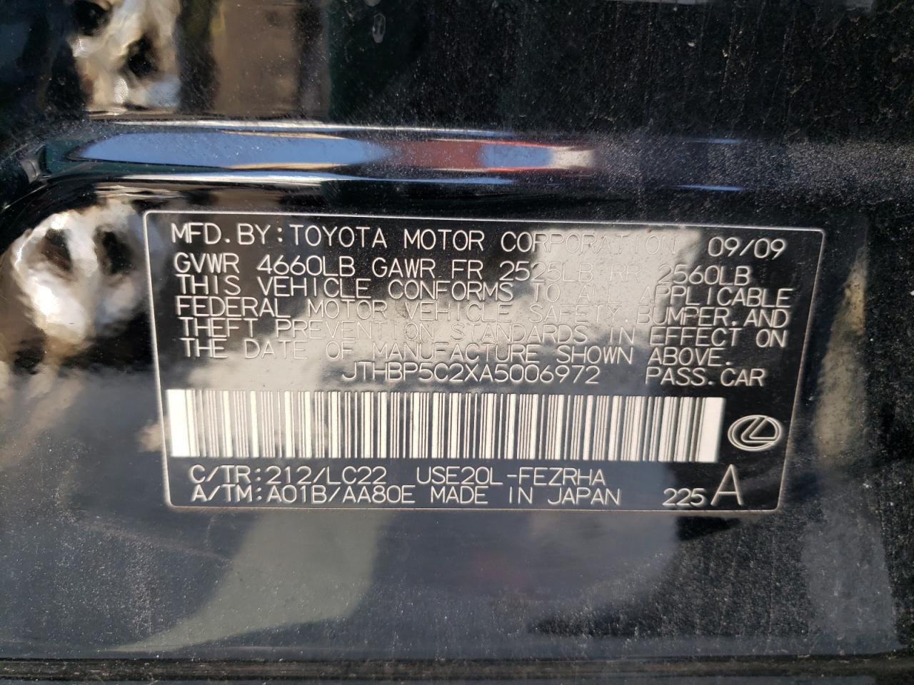 Photo 10 from auction – 2010 LEXUS IS F with VIN JTHBP5C2XA5006972