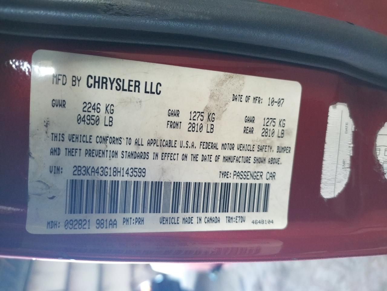 Photo 10 from auction – 2008 DODGE CHARGER with VIN 2B3KA43G18H143599