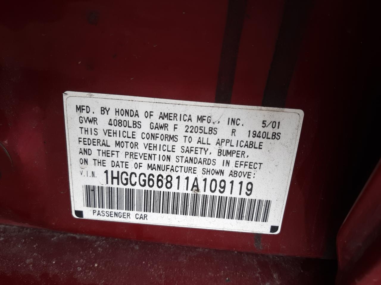 Photo 10 from auction – 2001 HONDA ACCORD EX with VIN 1HGCG66811A109119