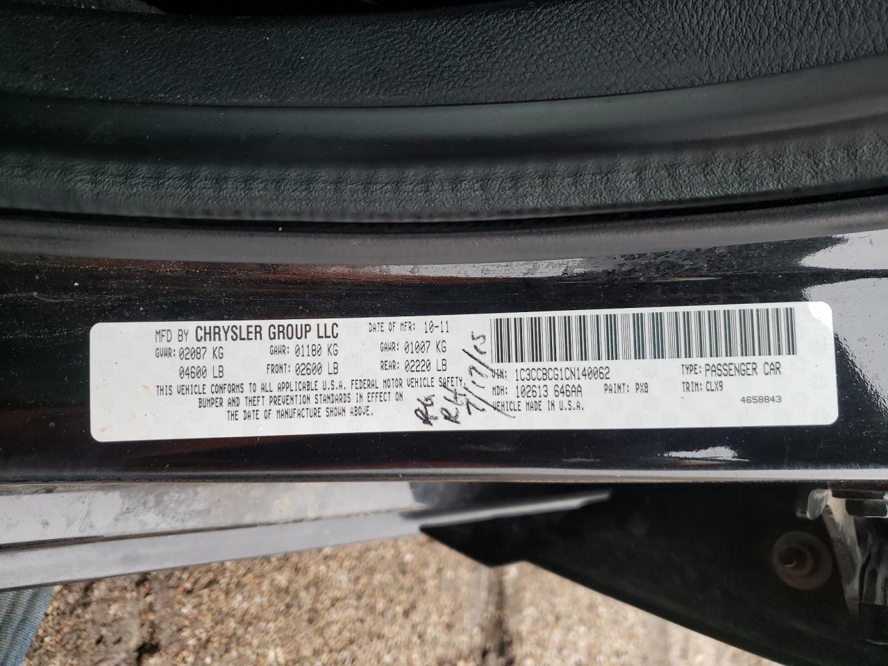 Photo 10 from auction – 2012 CHRYSLER 200 LIMITE with VIN 1C3CCBCG1CN140062