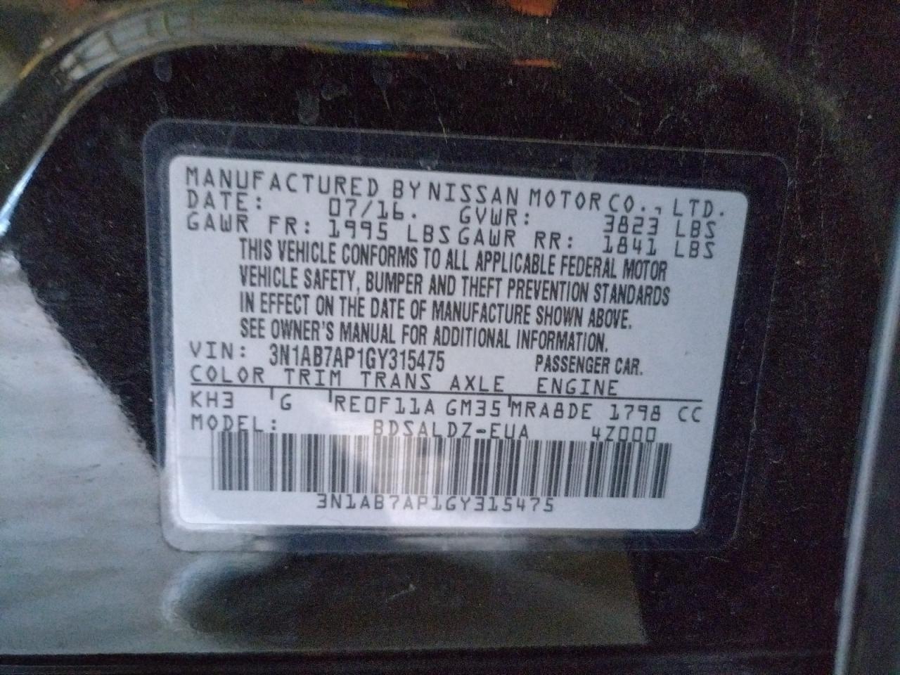 Photo 10 from auction – 2016 NISSAN SENTRA S with VIN 3N1AB7AP1GY315475