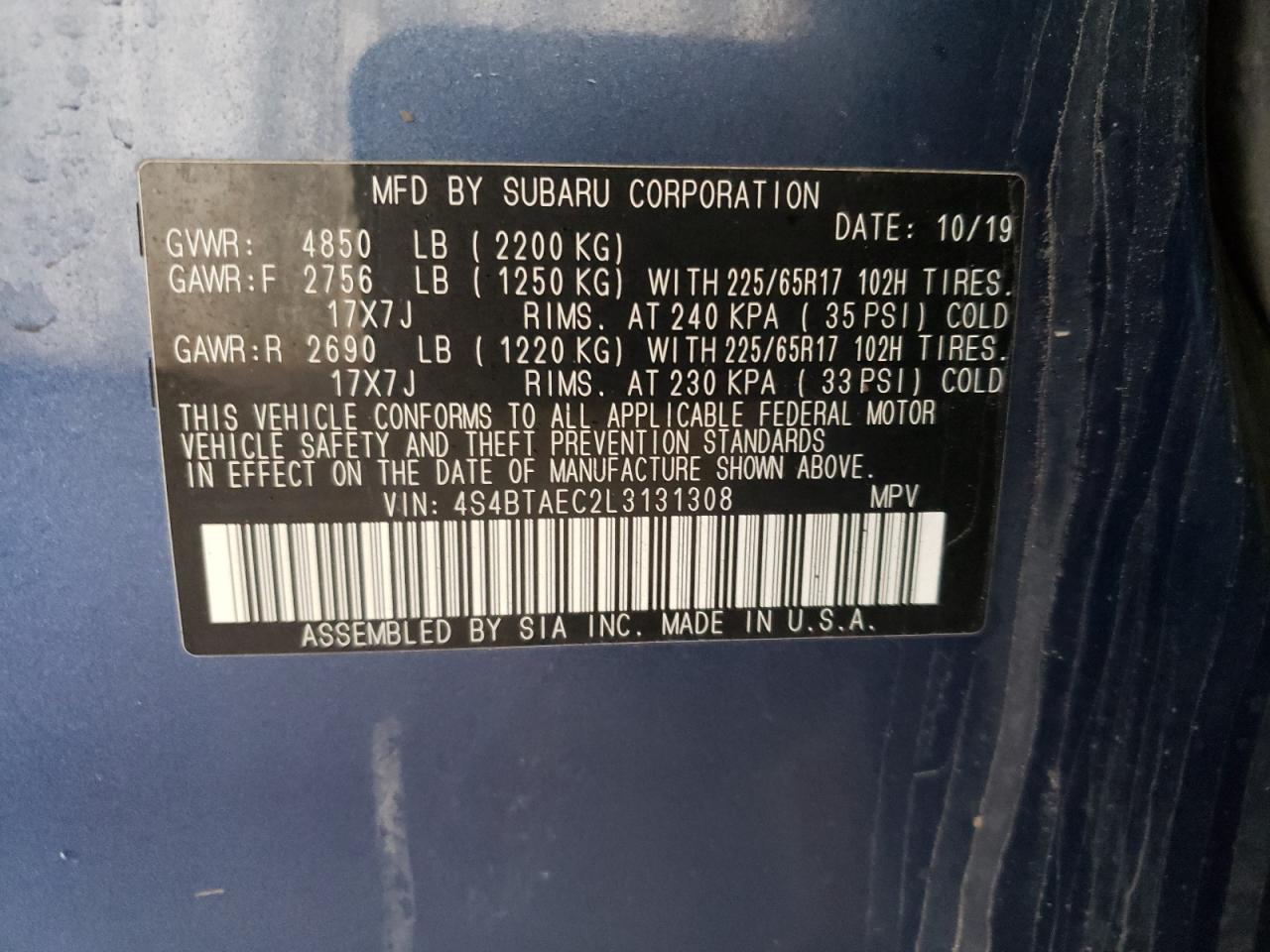 Photo 10 from auction – 2020 SUBARU OUTBACK PR with VIN 4S4BTAEC2L3131308