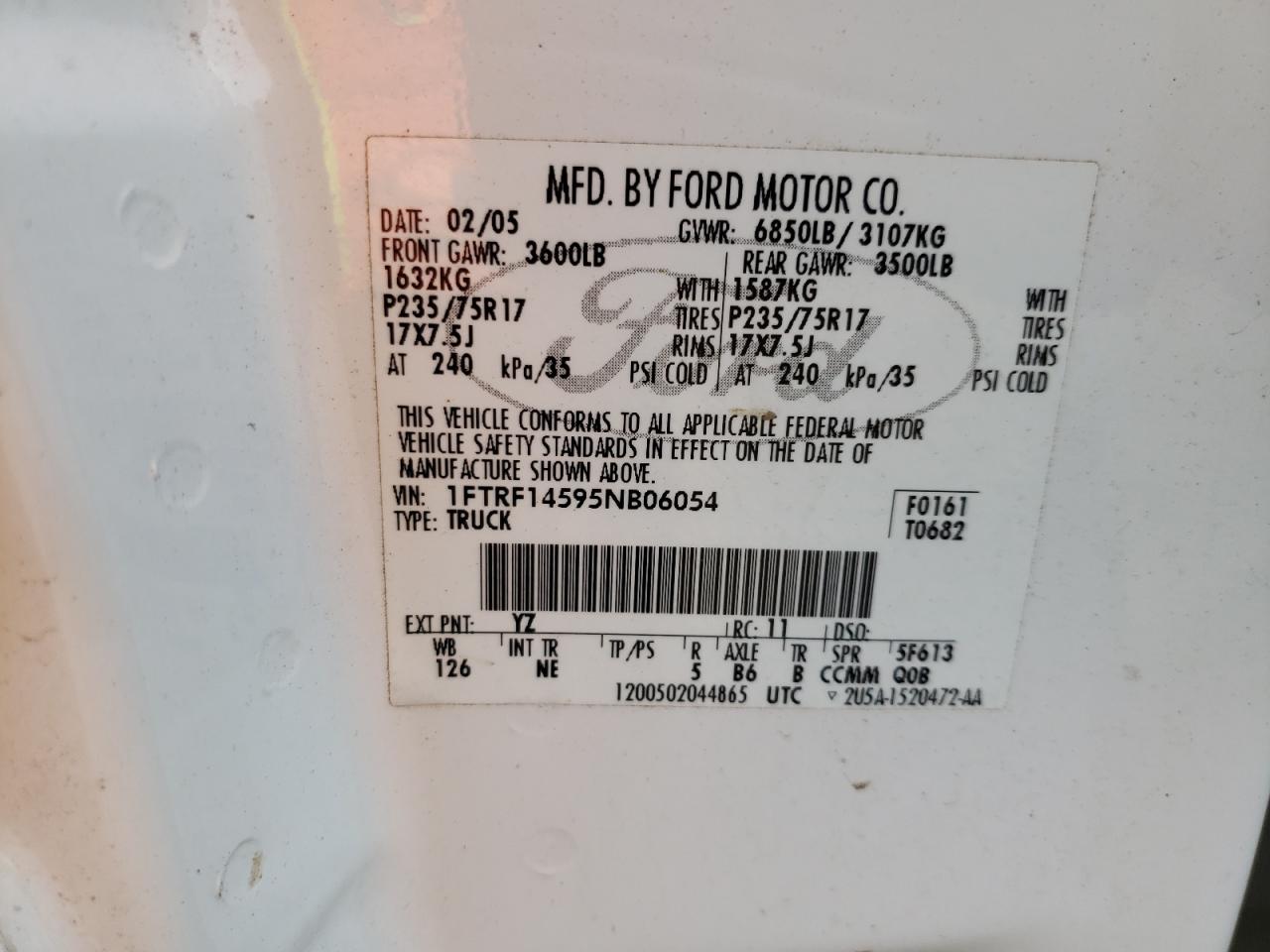 Photo 10 from auction – 2005 FORD F150 with VIN 1FTRF14595NB06054