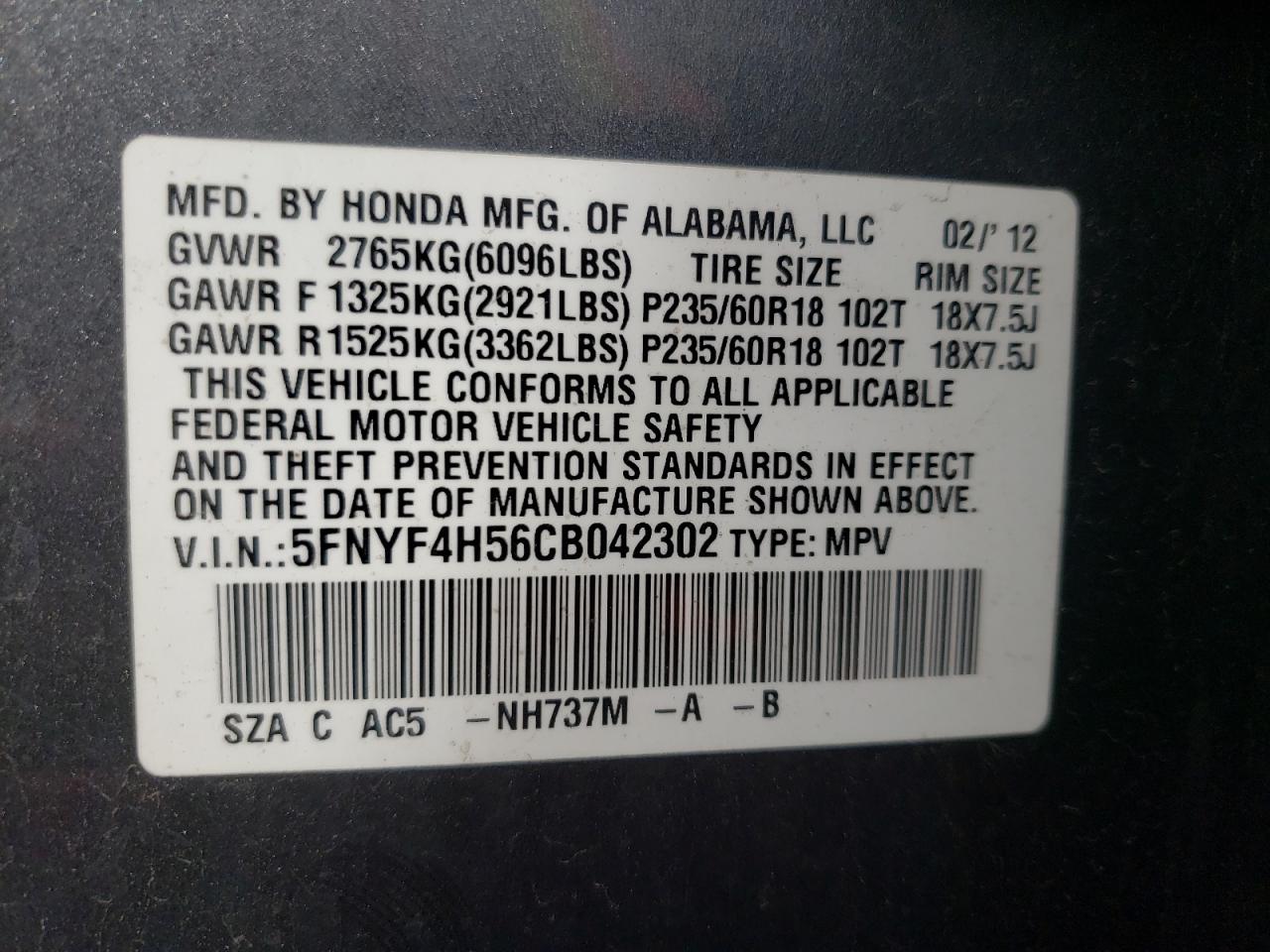 Photo 10 from auction – 2012 HONDA PILOT EXL with VIN 5FNYF4H56CB042302