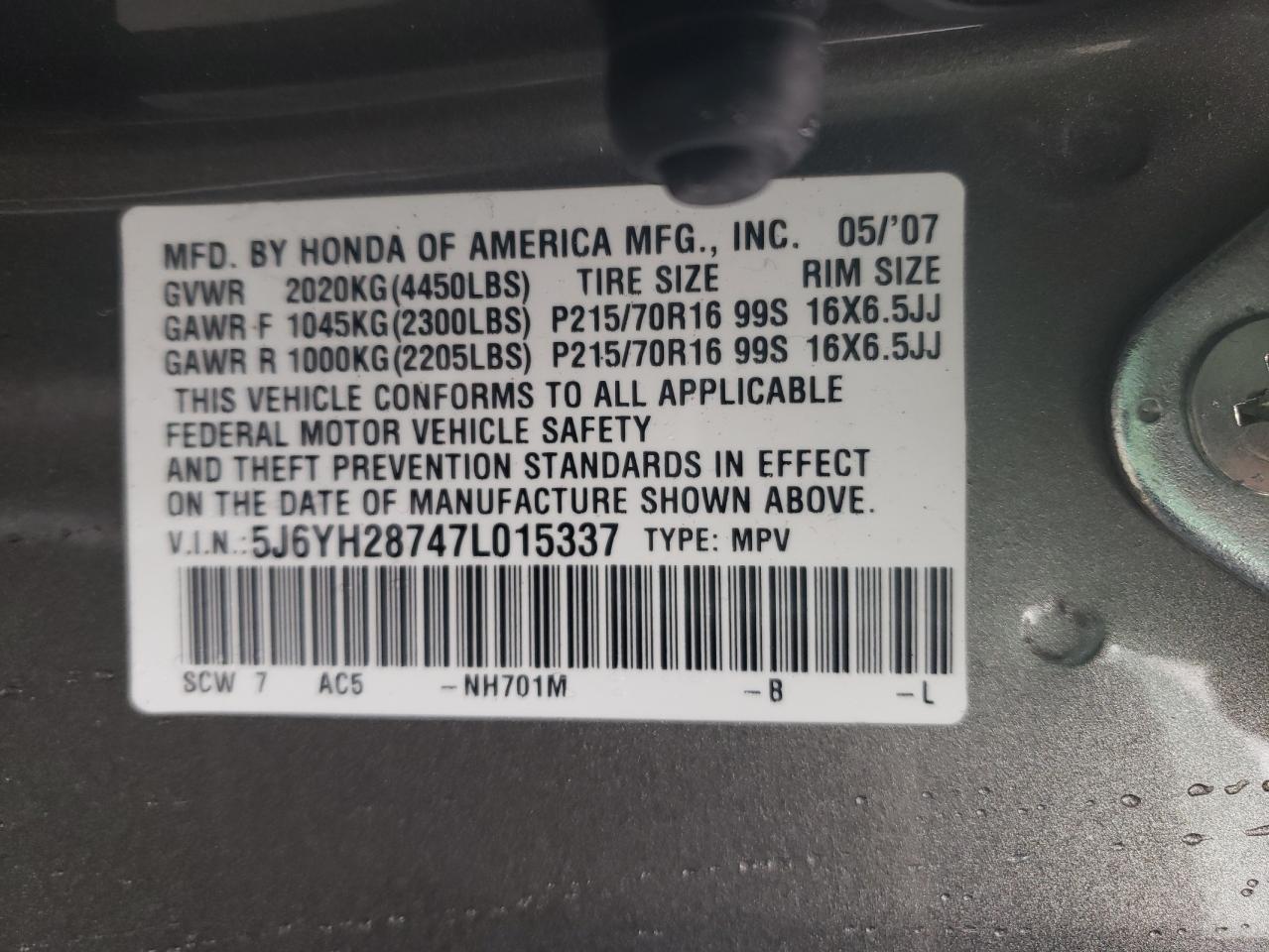 Photo 10 from auction – 2007 HONDA ELEMENT EX with VIN 5J6YH28747L015337