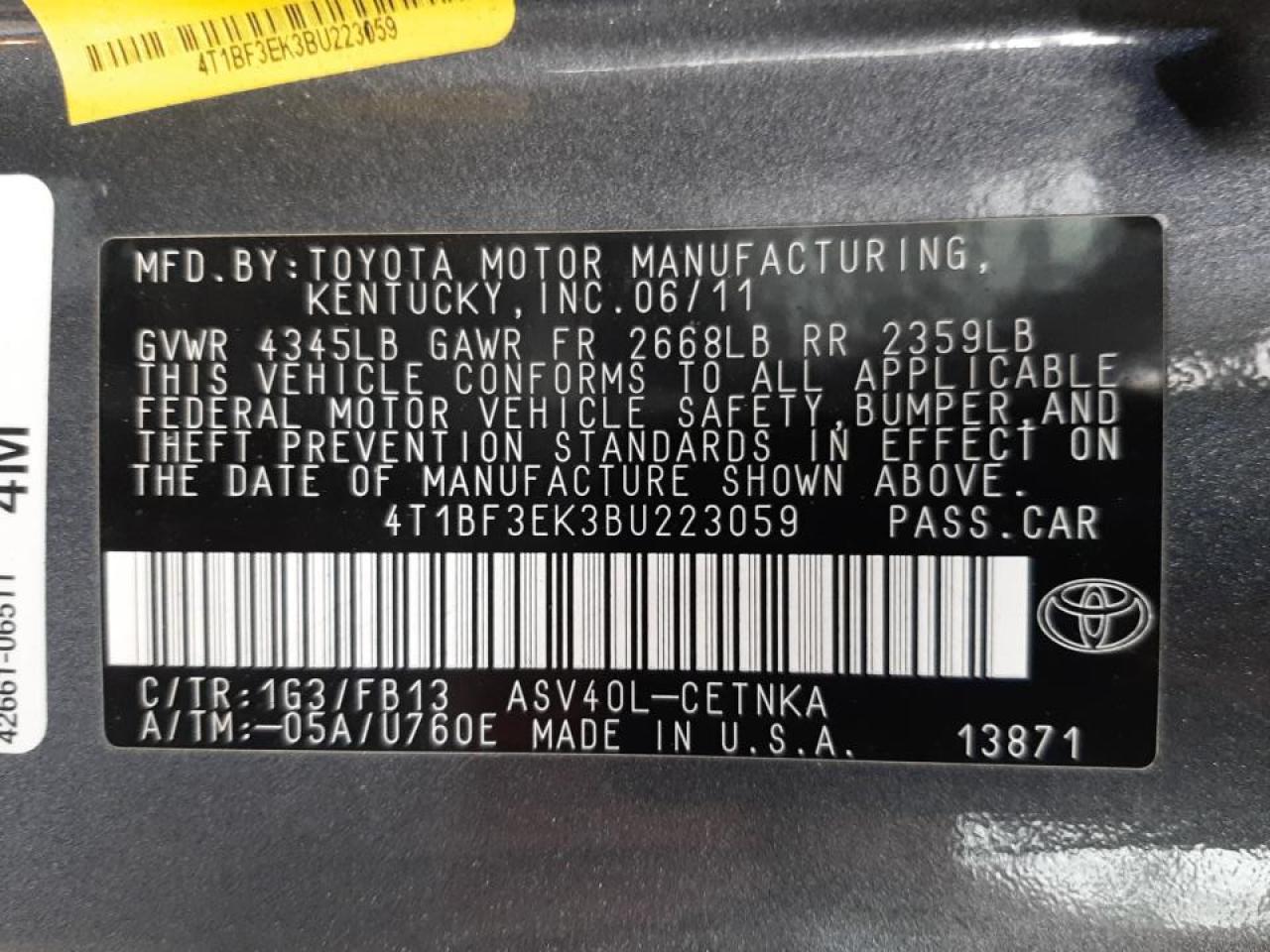 Photo 10 from auction – 2011 TOYOTA CAMRY BASE with VIN 4T1BF3EK3BU223059