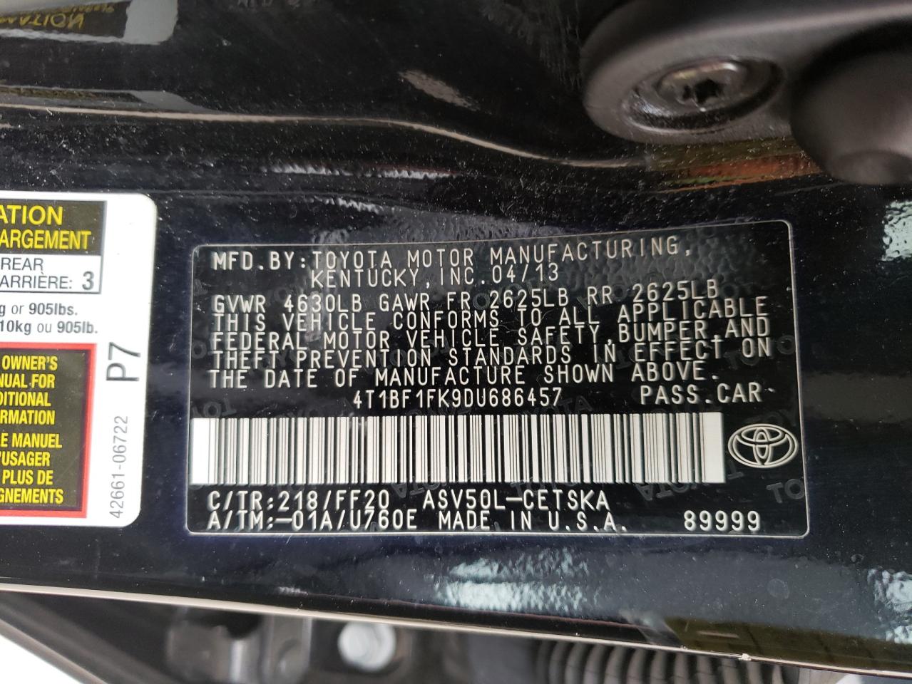 Photo 10 from auction – 2013 TOYOTA CAMRY L with VIN 4T1BF1FK9DU686457