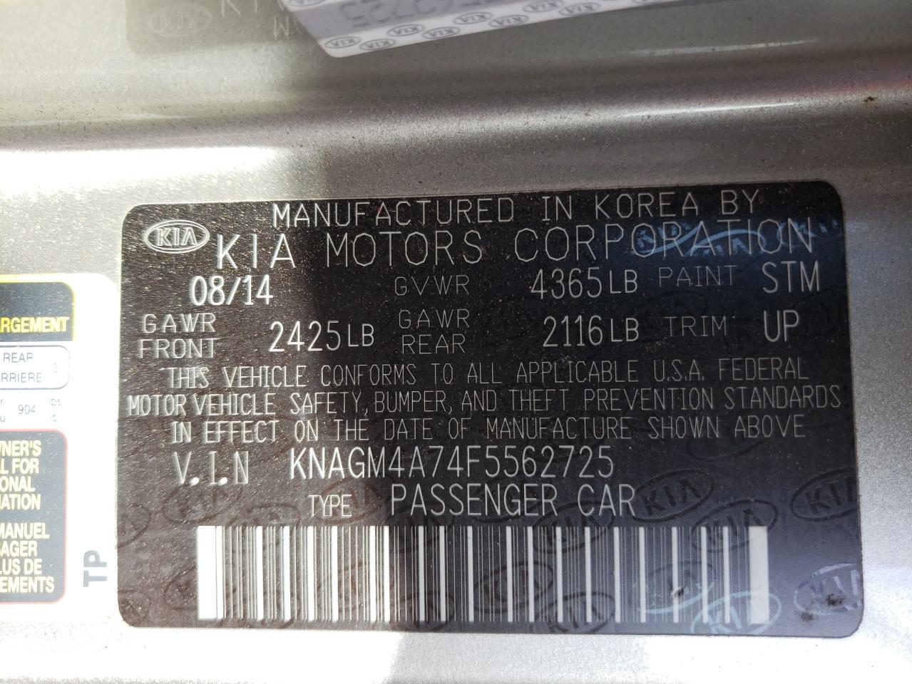 Photo 10 from auction – 2015 KIA OPTIMA LX with VIN KNAGM4A74F5562725