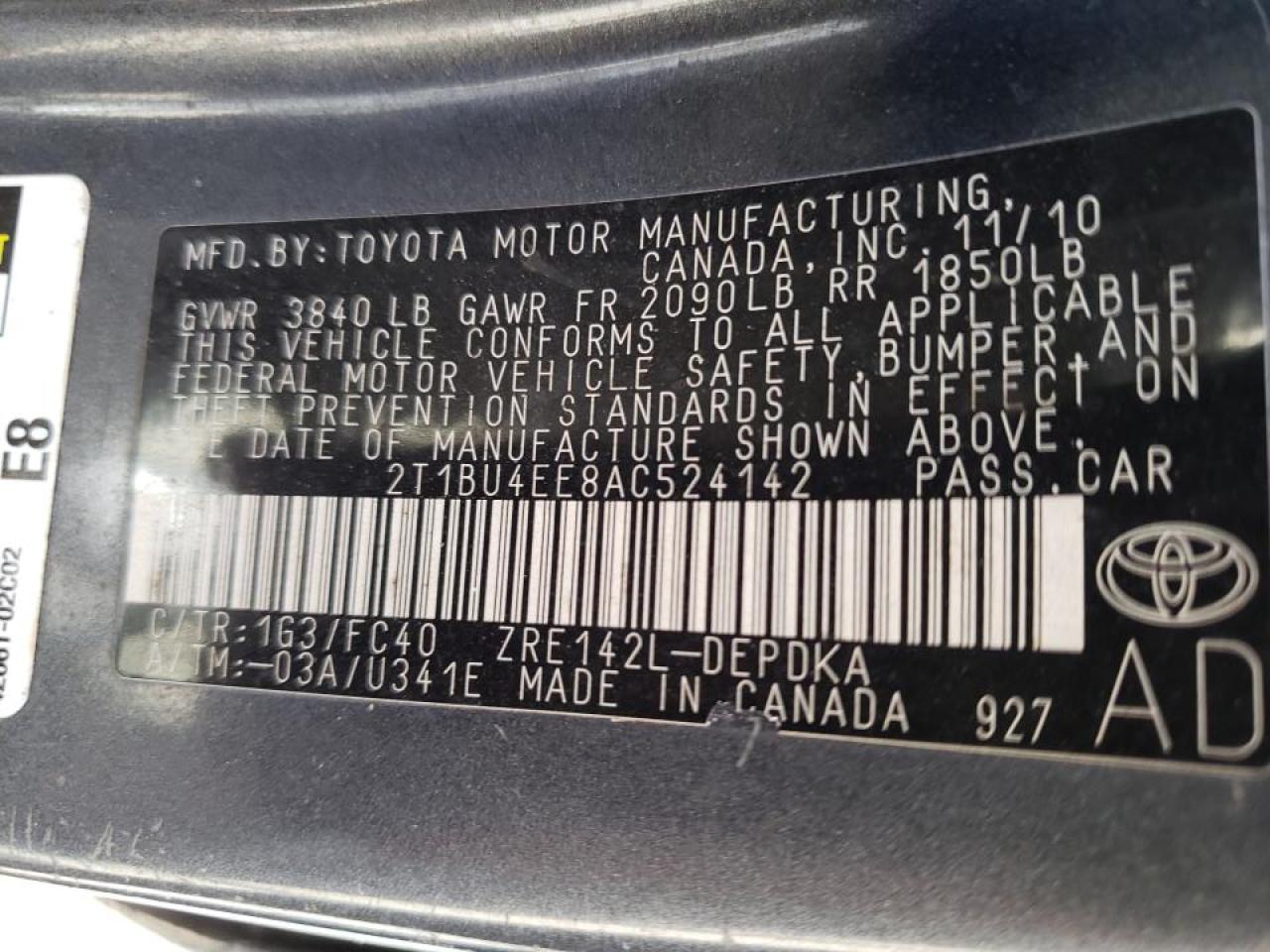 Photo 10 from auction – 2010 TOYOTA COROLLA BA with VIN 2T1BU4EE8AC524142