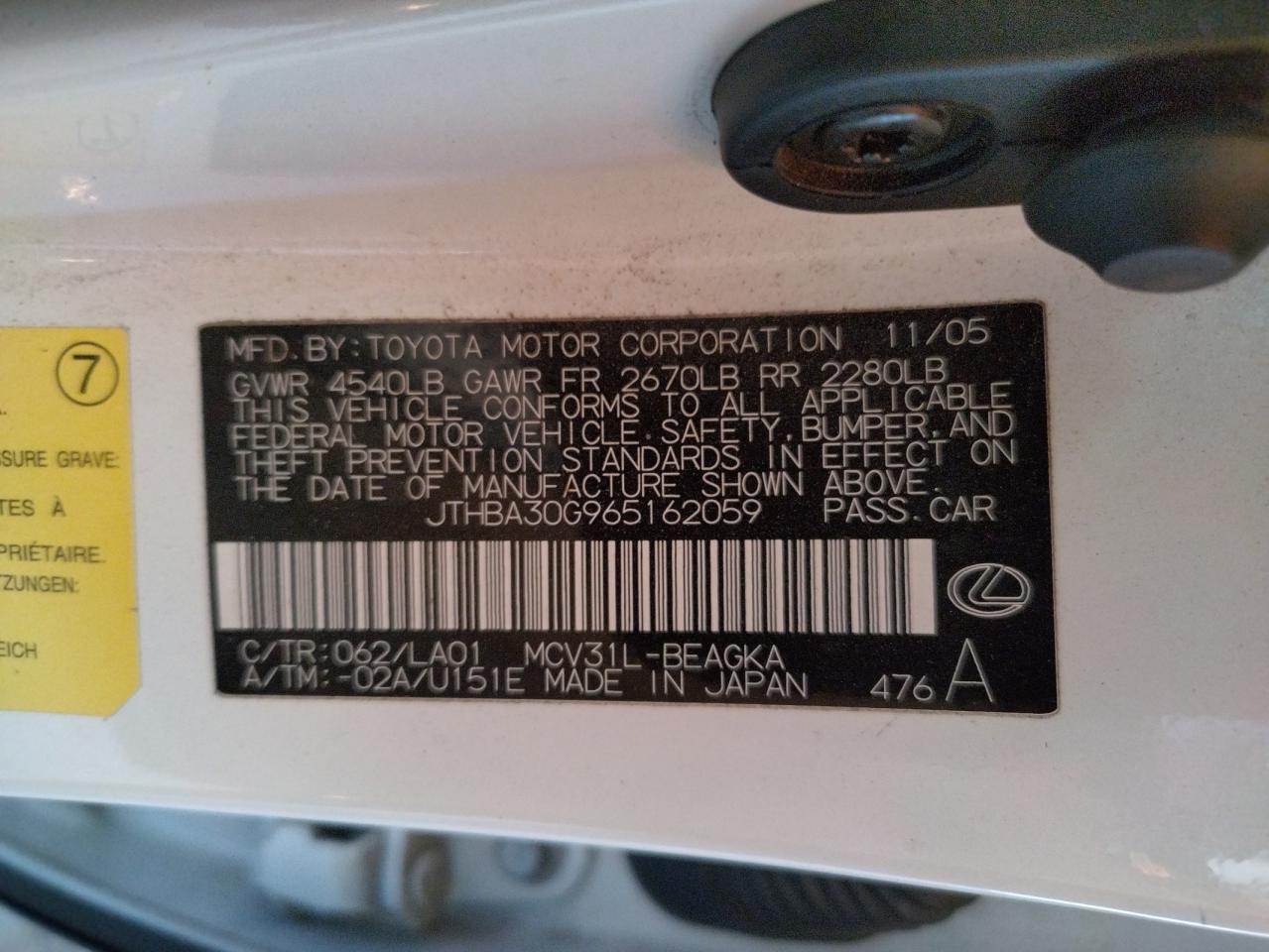 Photo 10 from auction – 2006 LEXUS ES 330 with VIN JTHBA30G965162059