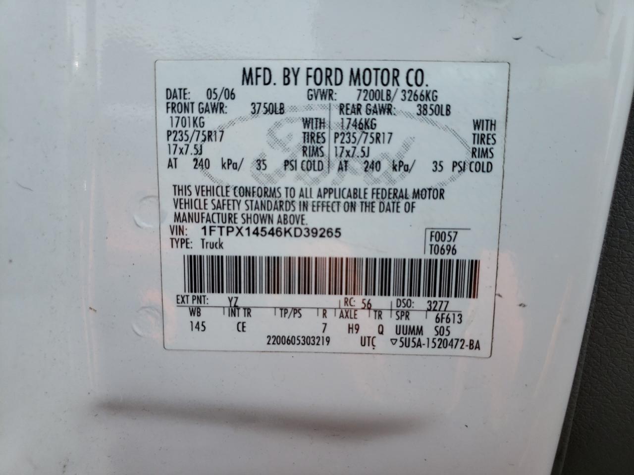 Photo 10 from auction – 2006 FORD F150 with VIN 1FTPX14546KD39265