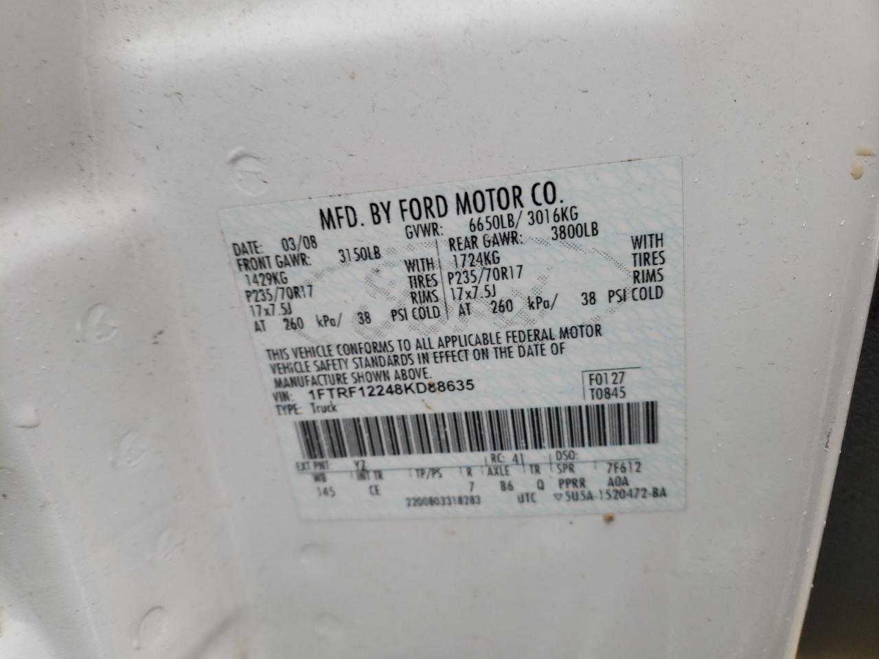 Photo 10 from auction – 2008 FORD F150 with VIN 1FTRF12248KD88635